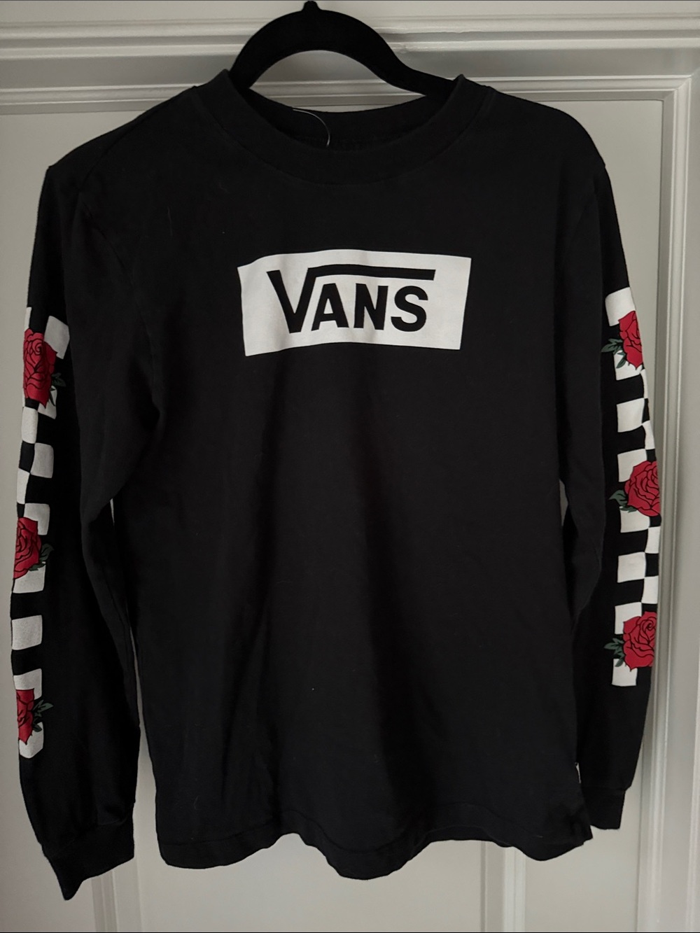 Vans Black Long Sleeve Tee with White Box Logo and Red Rose Sleeve Graphics